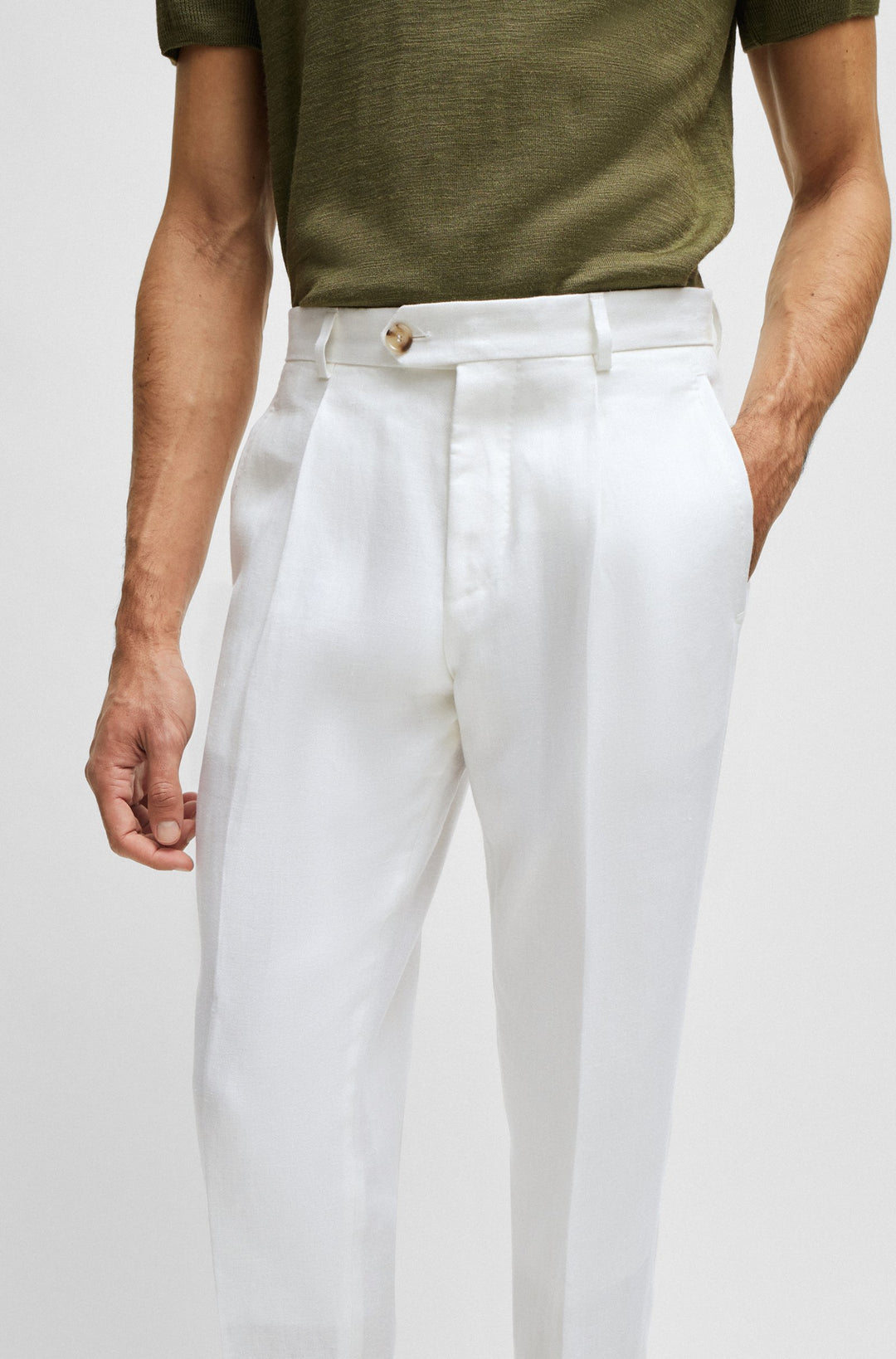 BOSS CAMEL Relaxed Fit Trousers in Linen - L-PEET-PLEAT-241 10240922 01-50514383- Concorde Fashion#color_white-100
